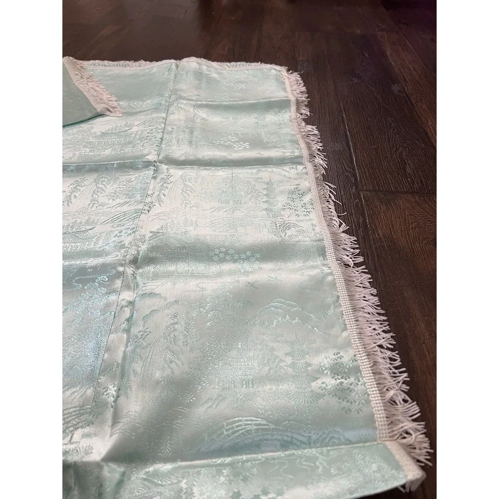 Vtg BROCADED Silky Ice Blue Tablecloth Cover Reversible China Fringe‎ 50x60